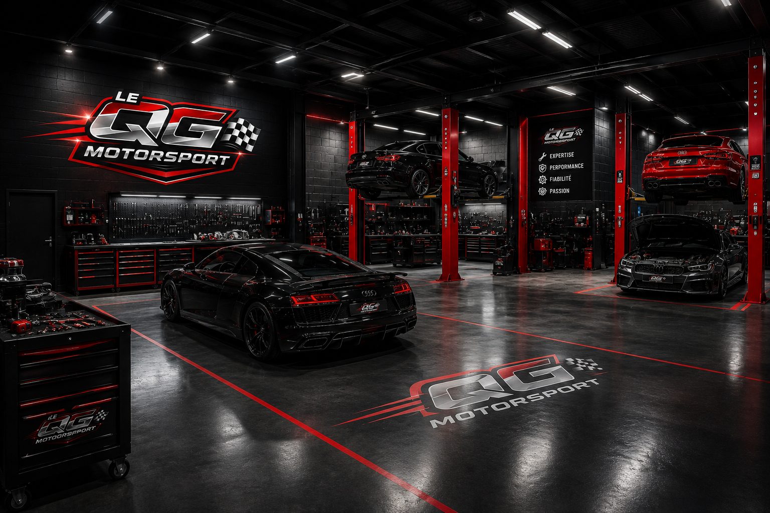 L'atelier LE QG Motorsport : voitures sportives sur ponts élévateurs