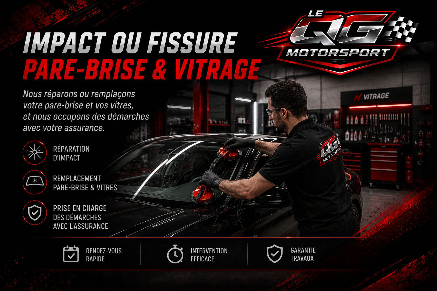 Remplacement de pare-brise et vitrage à l'atelier LE QG Motorsport