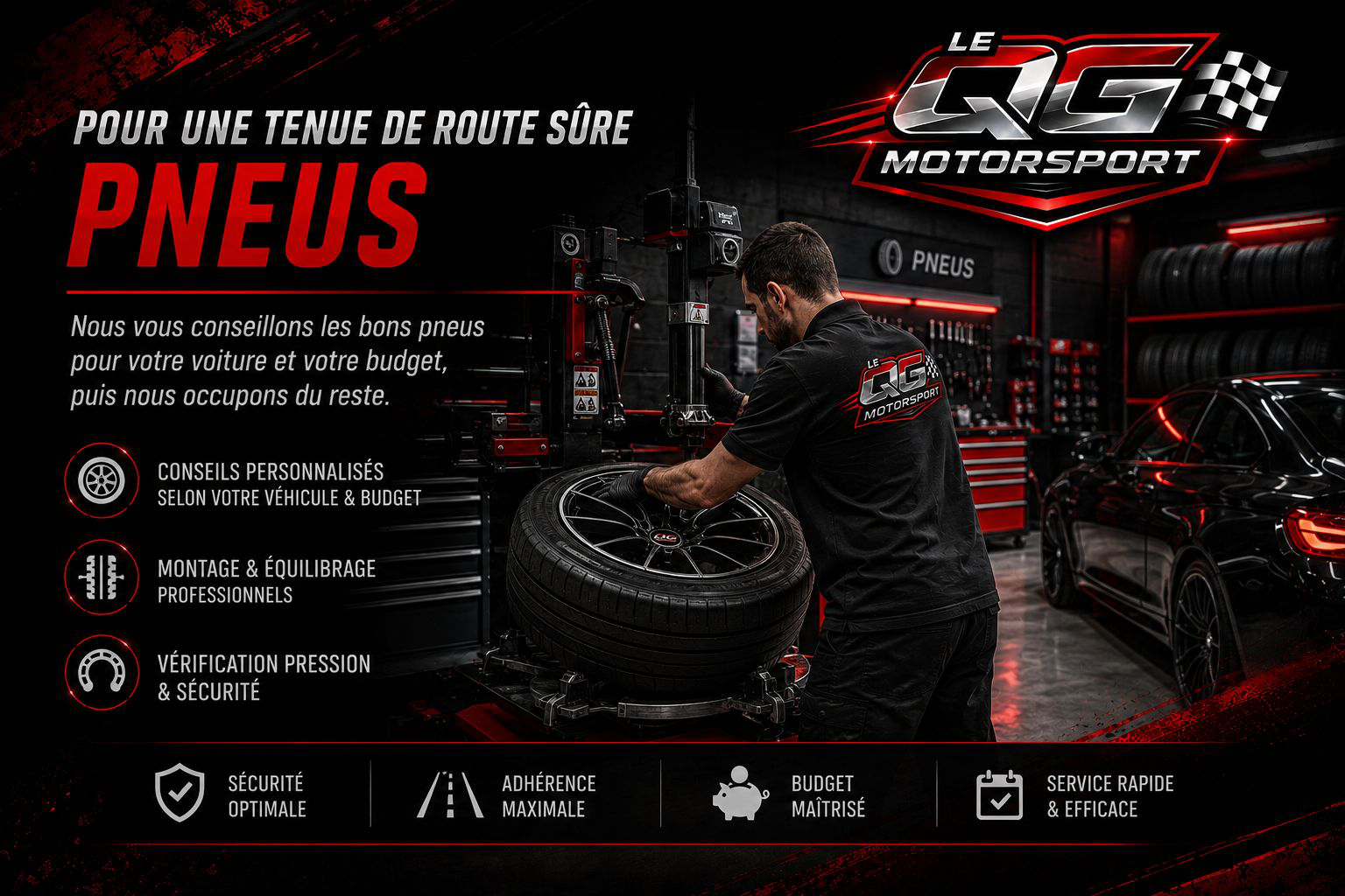 Montage et équilibrage de pneus à l'atelier LE QG Motorsport